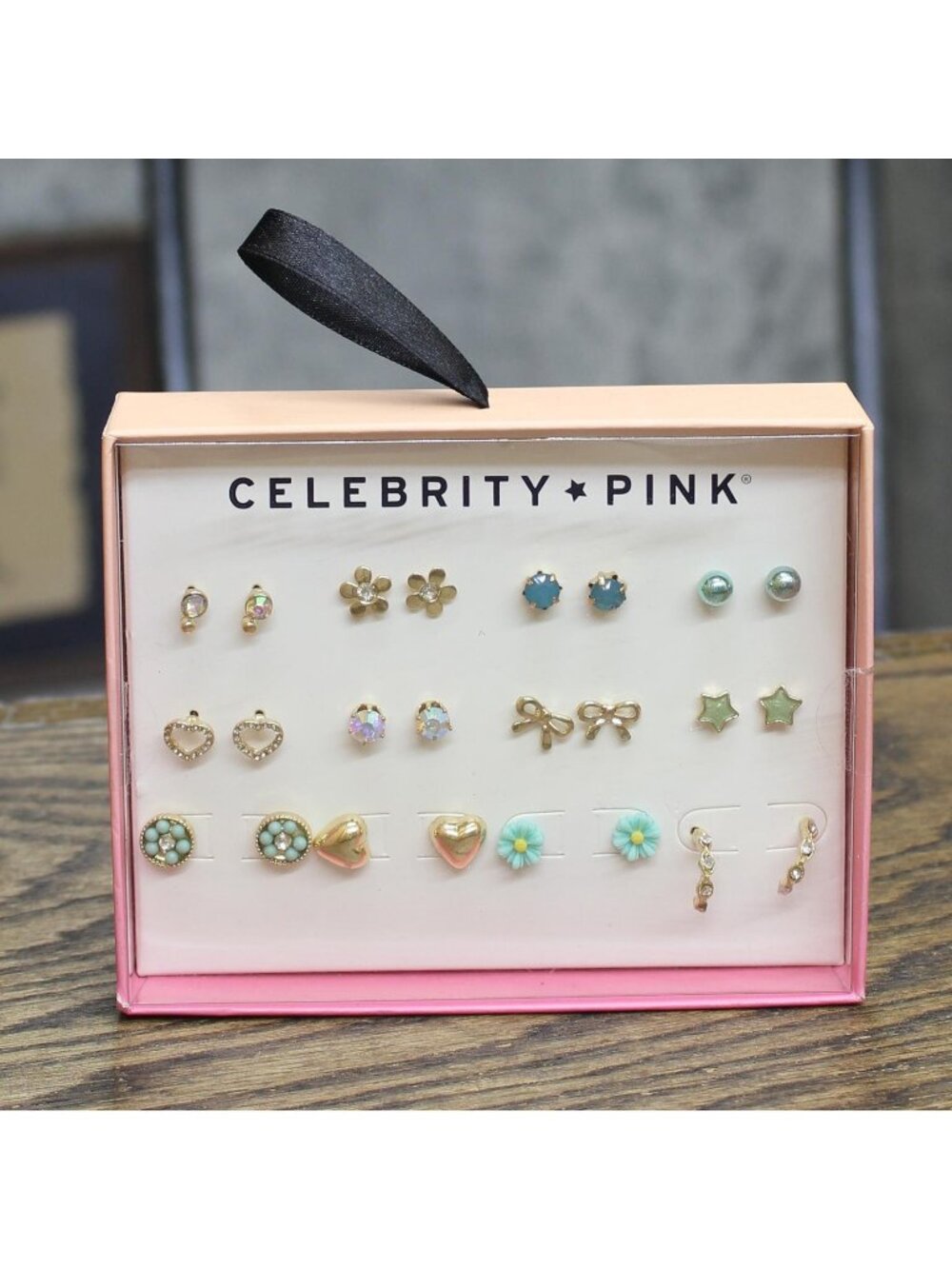 NWT Celebrity Pink Flower Heart Rhinestone Gem Stud Earrings 12 Pack Gold Multi